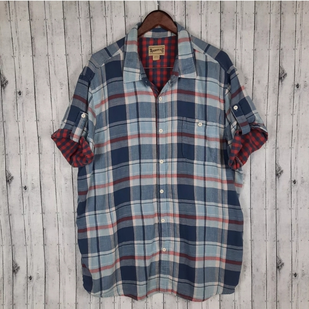Roebuck & Co Button Shirt Men's XXL Roll Tab Short Sleeve Lined Blue Plaid